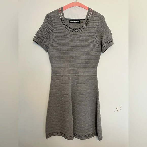 Karl Lagerfeld Gray Textured Knit Dress with Crochet Trim Size S - Picture 2 of 7